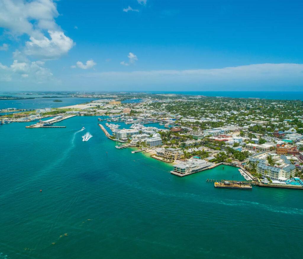 Aerial view of the thriving community and gorgeous landscape and ocean view in Key West.