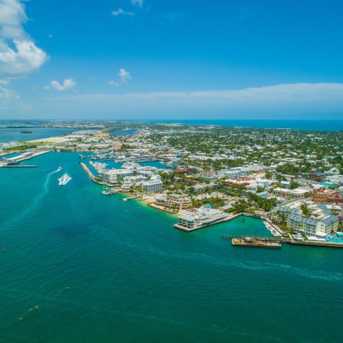 Aerial view of the thriving community and gorgeous landscape and ocean view in Key West.
